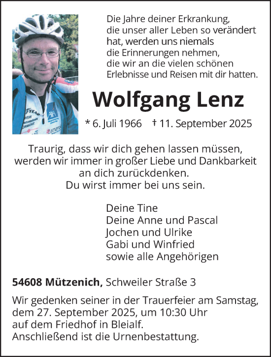 Traueranzeige von Wolfgang Lenz von trierischer_volksfreund