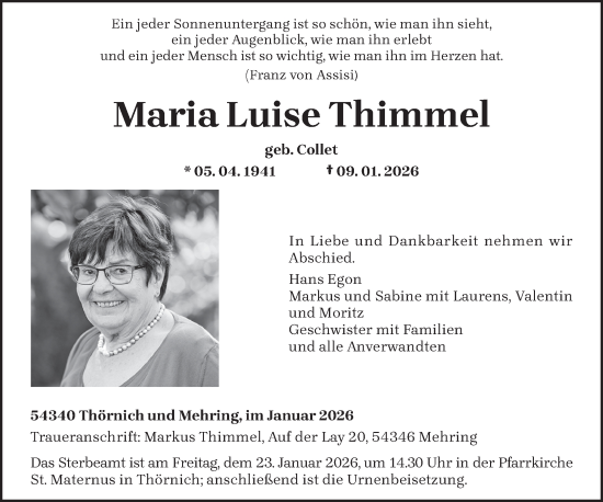 Traueranzeige von Maria Luise Thimmel 