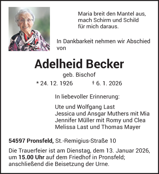 Traueranzeige von Adelheid Becker von trierischer_volksfreund