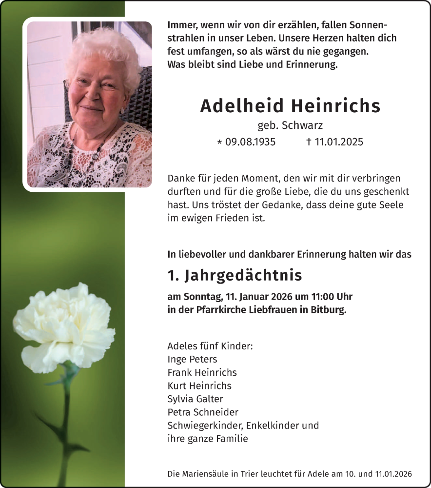  Traueranzeige für Adelheid Heinrichs vom 03.01.2026 aus trierischer_volksfreund