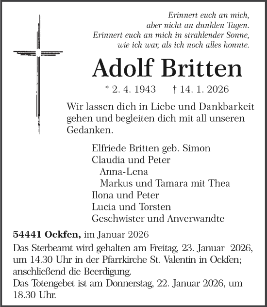 Traueranzeige von Adolf Britten von trierischer_volksfreund