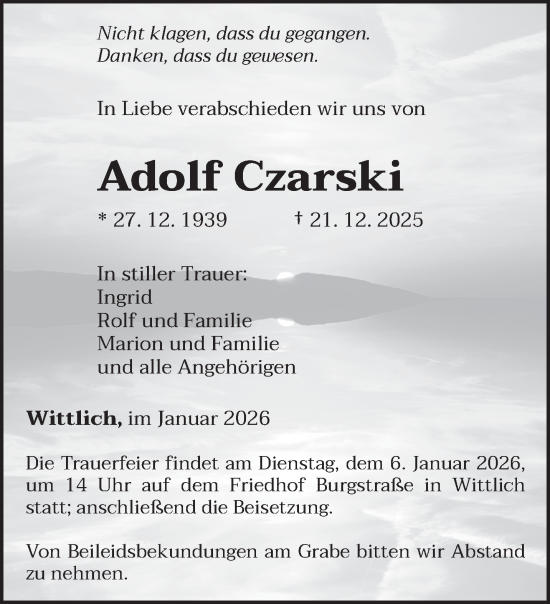 Traueranzeige von Adolf Czarski von trierischer_volksfreund