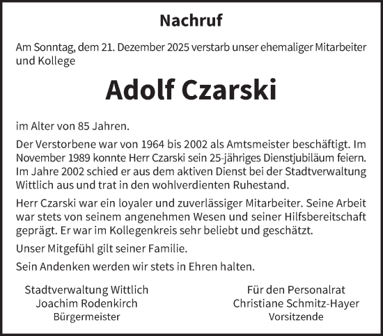 Traueranzeige von Adolf Czarski von trierischer_volksfreund