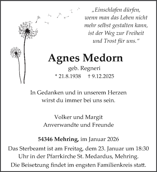 Traueranzeige von Agnes Medorn von trierischer_volksfreund