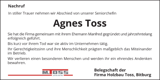 Traueranzeige von Agnes Toss von trierischer_volksfreund