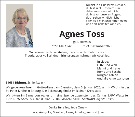 Traueranzeige von Agnes Toss von trierischer_volksfreund
