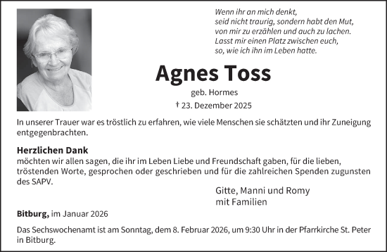 Traueranzeige von Agnes Toss von trierischer_volksfreund