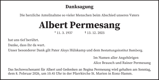 Traueranzeige von Albert Permesang von trierischer_volksfreund