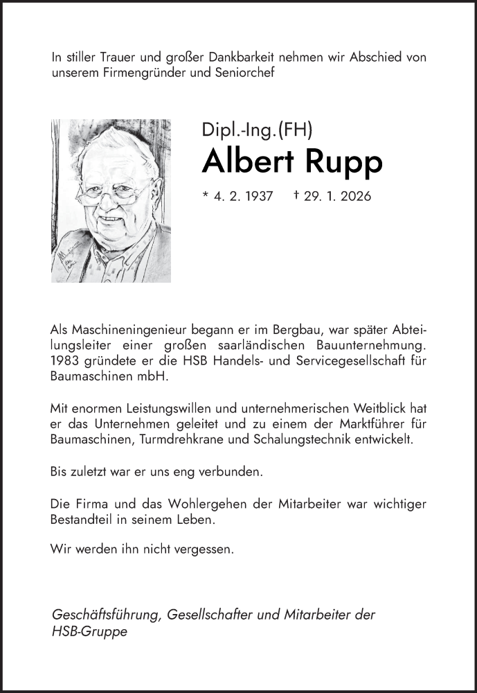  Traueranzeige für Albert Rupp vom 31.01.2026 aus trierischer_volksfreund