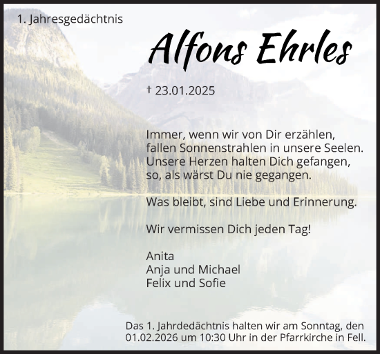 Traueranzeige von Alfons Ehrles von trierischer_volksfreund