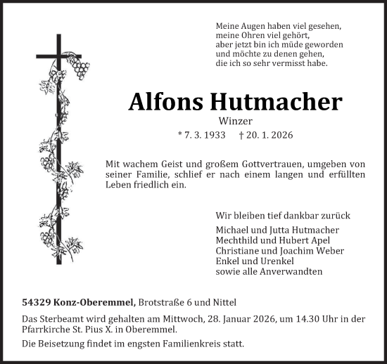 Traueranzeige von Alfons Hutmacher von trierischer_volksfreund