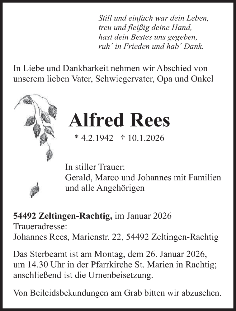  Traueranzeige für Alfred Rees vom 17.01.2026 aus trierischer_volksfreund
