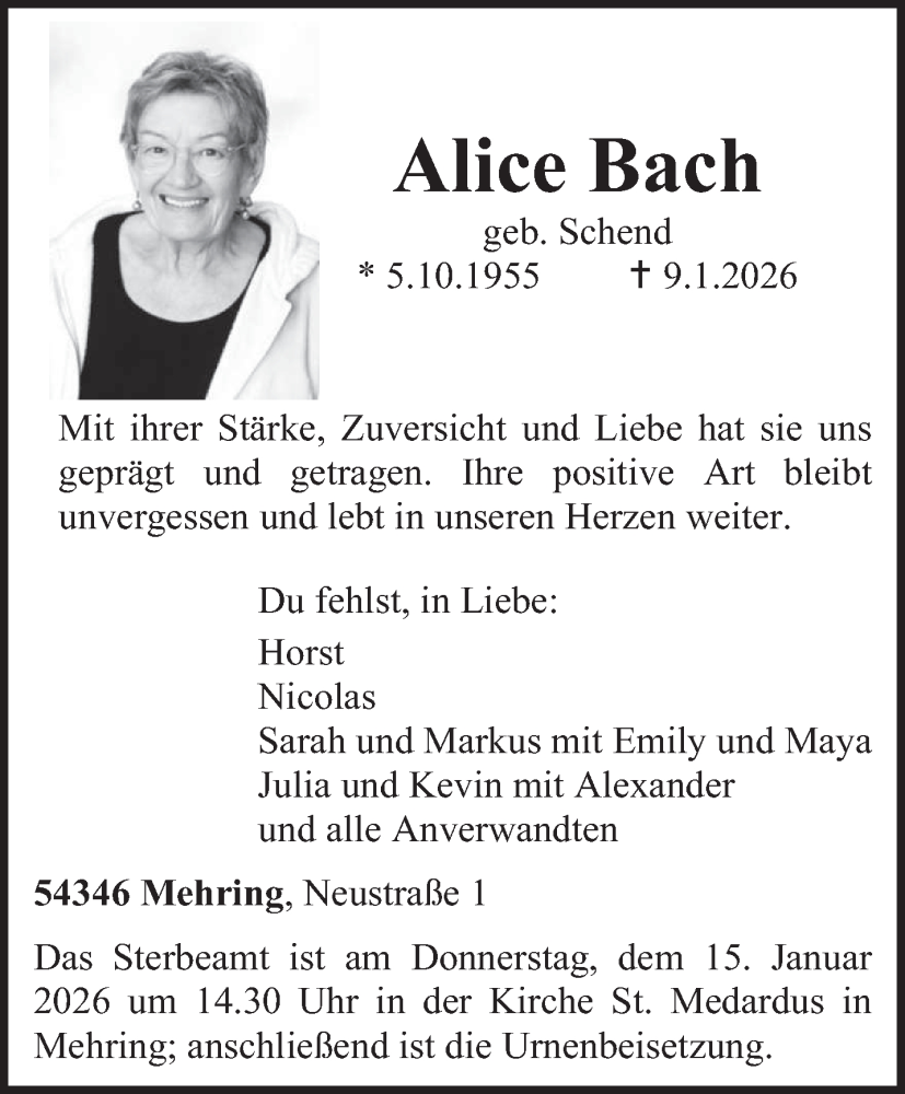  Traueranzeige für Alice Bach vom 13.01.2026 aus trierischer_volksfreund