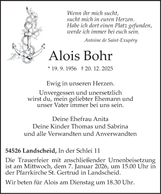 Traueranzeige von Alois Bohr von trierischer_volksfreund