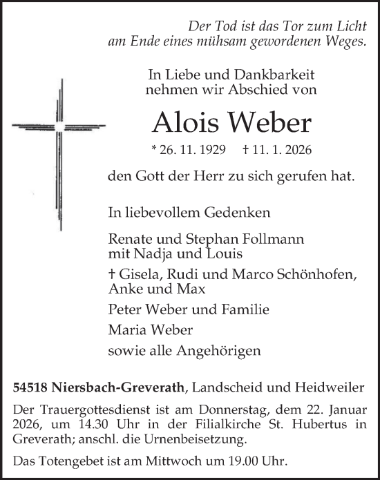 Traueranzeige von Alois Weber von trierischer_volksfreund
