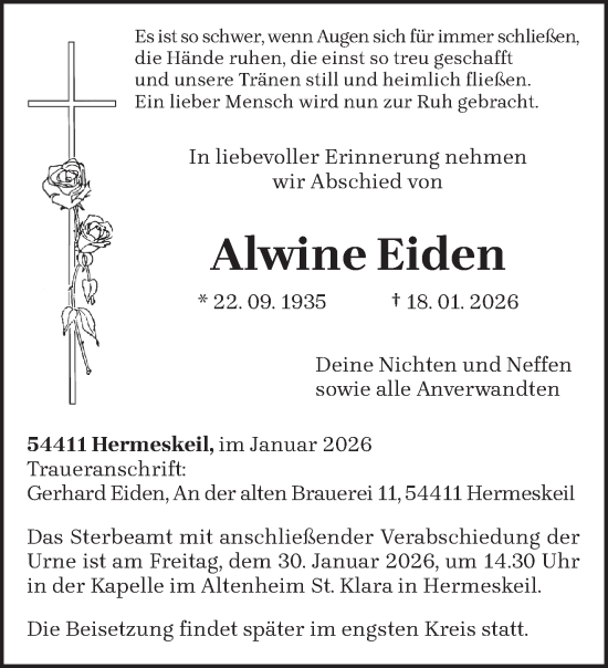 Traueranzeige von Alwine Eiden von trierischer_volksfreund
