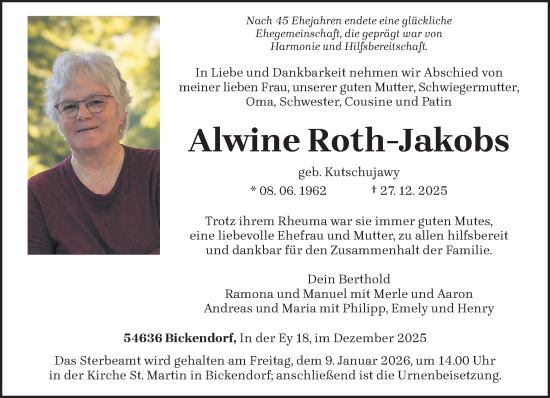Traueranzeige von Alwine Roth-Jakobs von trierischer_volksfreund