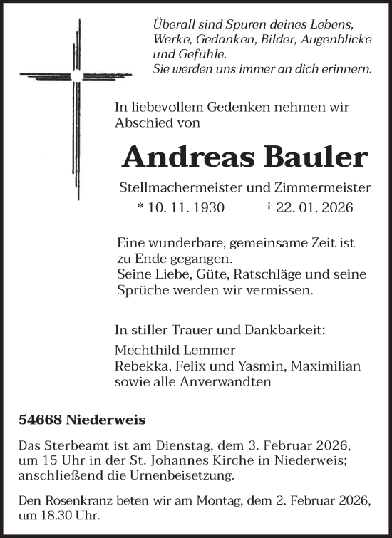 Traueranzeige von Andreas Bauler von trierischer_volksfreund