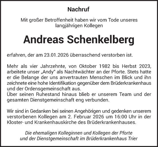 Traueranzeige von Andreas Schenkelberg von trierischer_volksfreund