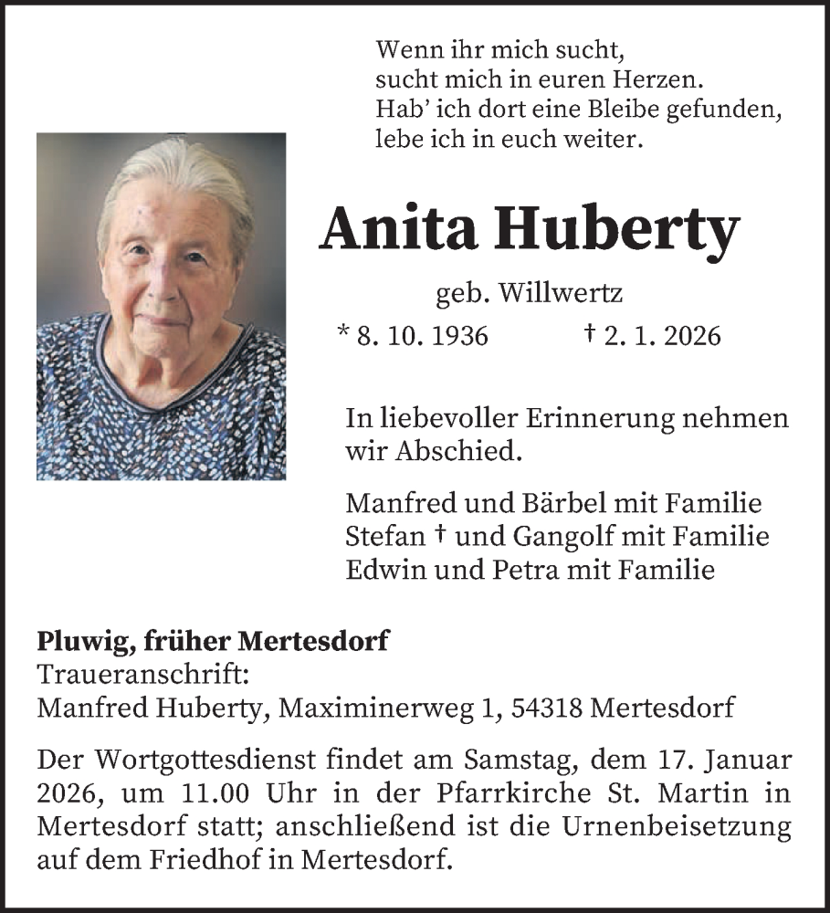  Traueranzeige für Anita Huberty vom 10.01.2026 aus trierischer_volksfreund