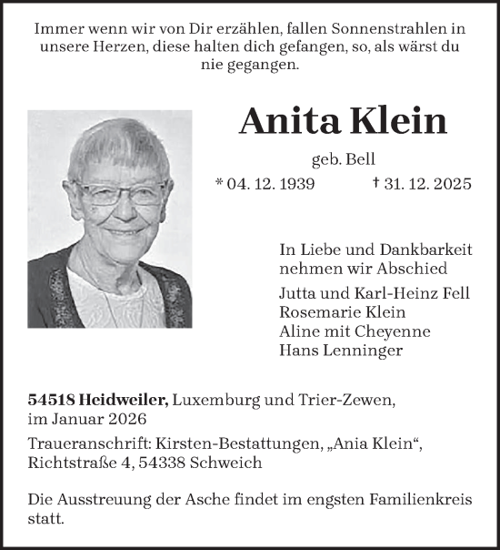 Traueranzeige von Anita Klein von trierischer_volksfreund