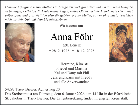 Traueranzeige von Anna Föhr von trierischer_volksfreund