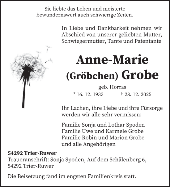 Traueranzeige von Anne-Marie Grobe von trierischer_volksfreund