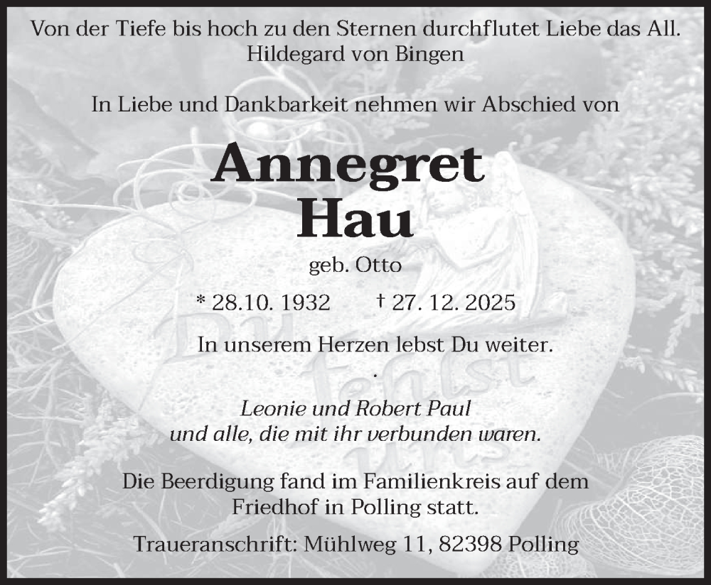  Traueranzeige für Annegret Hau vom 06.01.2026 aus trierischer_volksfreund
