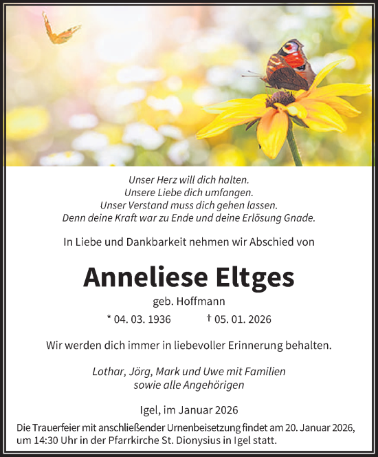 Traueranzeige von Anneliese Eltges von trierischer_volksfreund