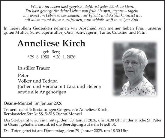 Traueranzeige von Anneliese Kirch von trierischer_volksfreund
