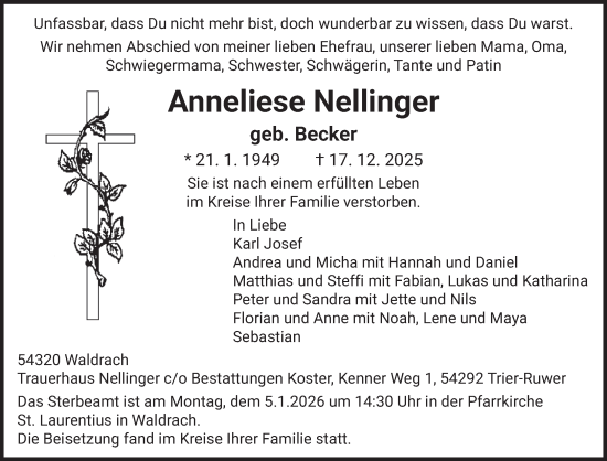 Traueranzeige von Anneliese Nellinger von trierischer_volksfreund