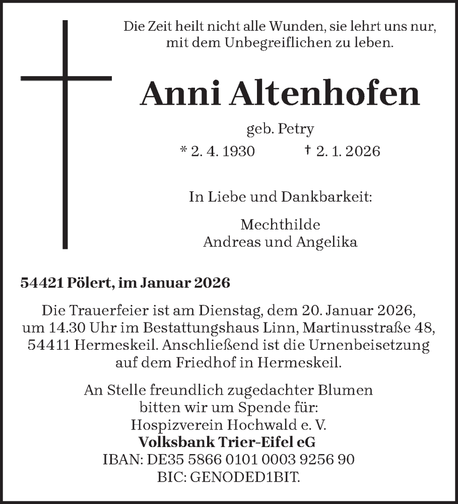  Traueranzeige für Anni Altenhofen vom 10.01.2026 aus trierischer_volksfreund