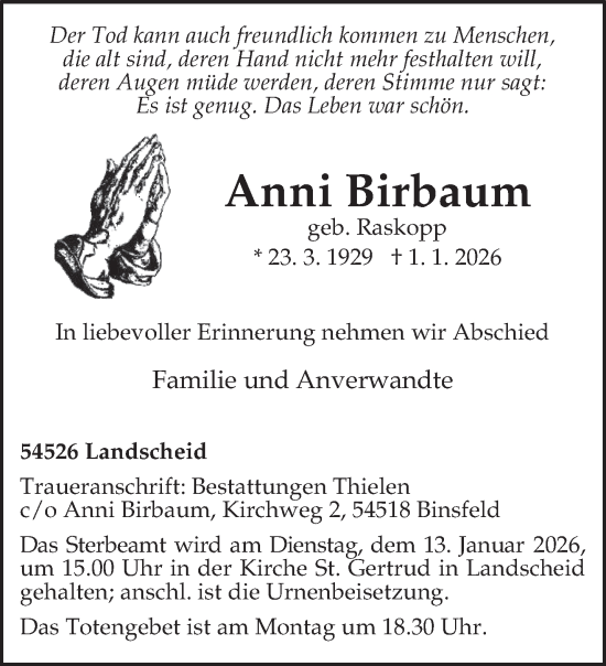Traueranzeige von Anni Birbaum von trierischer_volksfreund