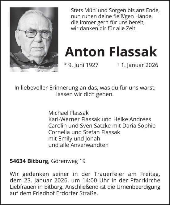 Traueranzeige von Anton Flassak von trierischer_volksfreund