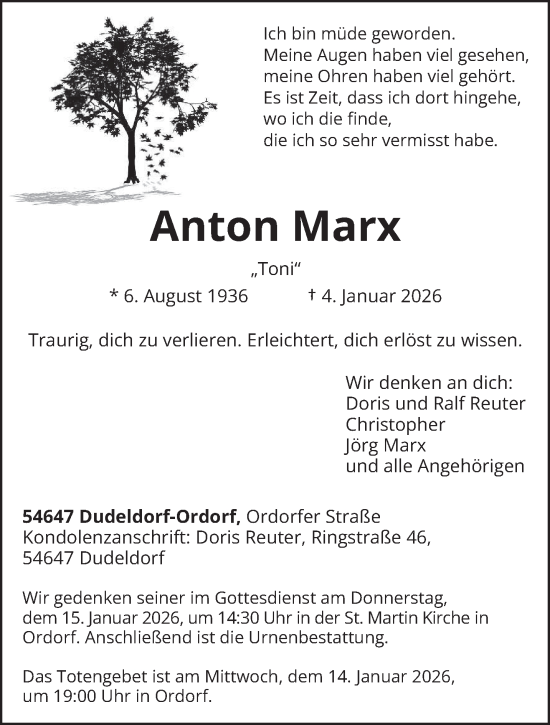 Traueranzeige von Anton Marx von trierischer_volksfreund