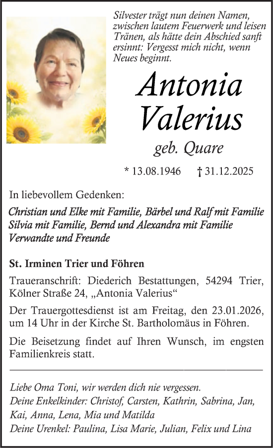 Traueranzeige von Antonia Valerius von trierischer_volksfreund