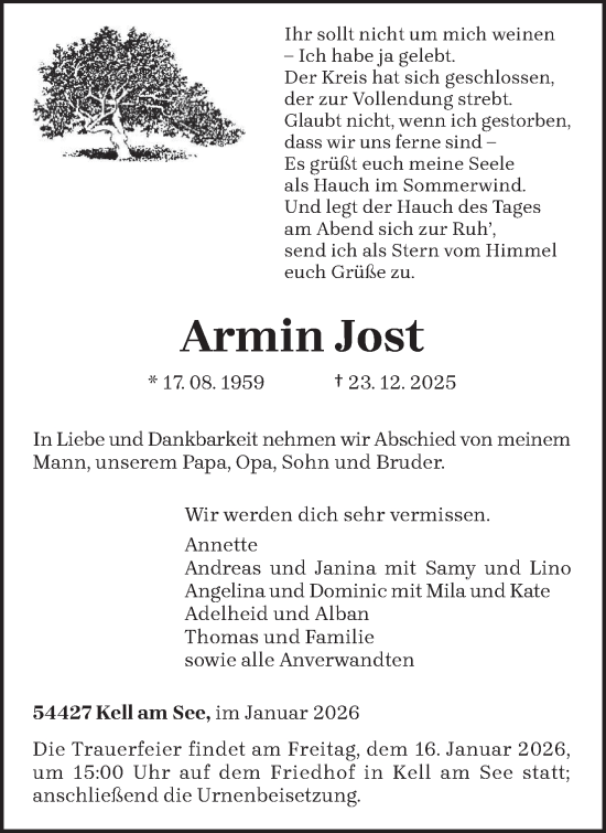 Traueranzeige von Armin Jost von trierischer_volksfreund