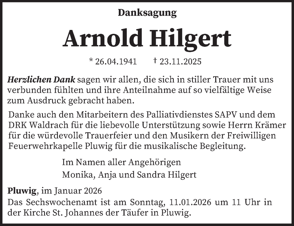  Traueranzeige für Arnold Hilgert vom 03.01.2026 aus trierischer_volksfreund