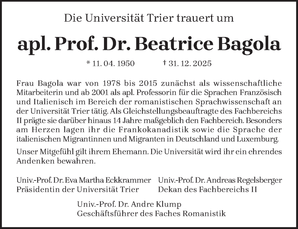  Traueranzeige für Beatrice Bagola vom 10.01.2026 aus trierischer_volksfreund