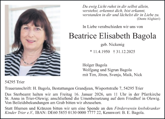 Traueranzeige von Beatrice Elisabeth Bagola von trierischer_volksfreund