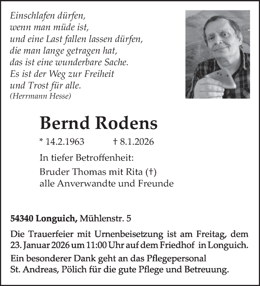  Traueranzeige für Bernd Rodens vom 17.01.2026 aus trierischer_volksfreund