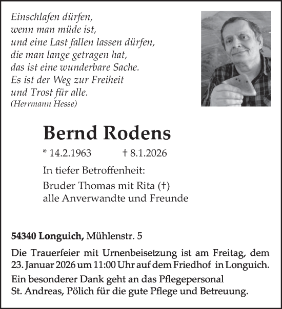 Traueranzeige von Bernd Rodens von trierischer_volksfreund