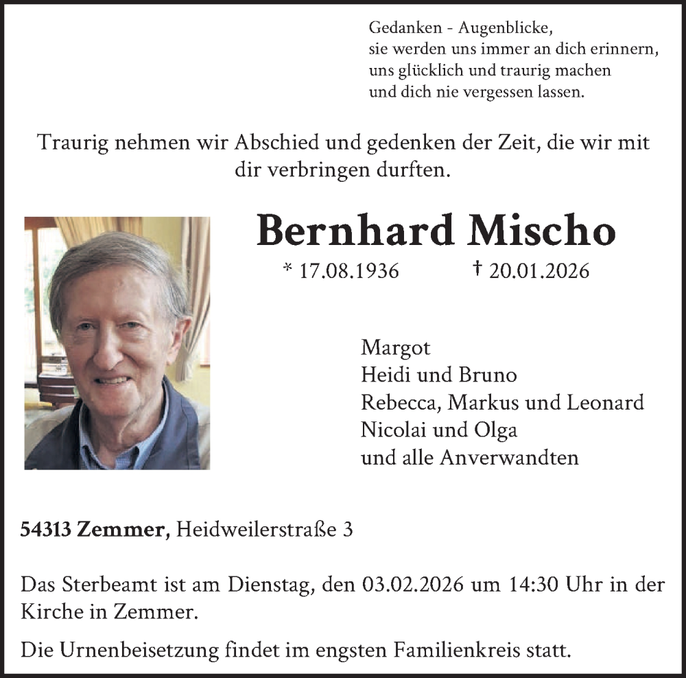  Traueranzeige für Bernhard Mischo vom 24.01.2026 aus trierischer_volksfreund