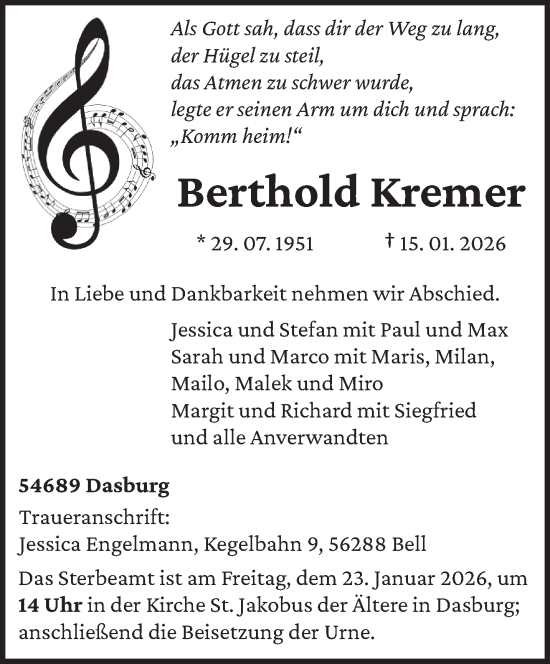 Traueranzeige von Berthold Kremer von trierischer_volksfreund