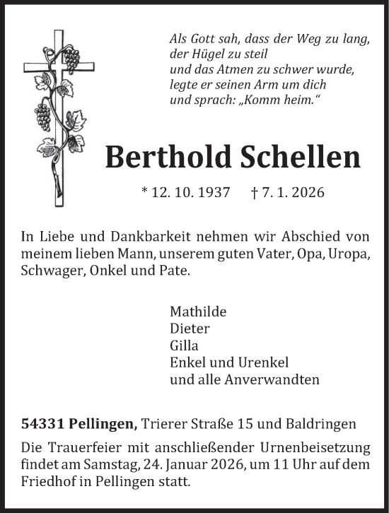 Traueranzeige von Berthold Schellen von trierischer_volksfreund