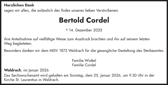 Traueranzeige von Bertold Cordel von trierischer_volksfreund