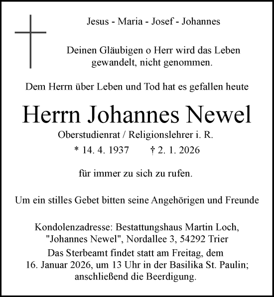 Traueranzeige von Johannes Newel von trierischer_volksfreund