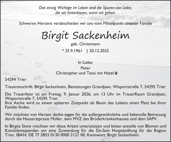 Traueranzeige von Birgit Sackenheim von trierischer_volksfreund