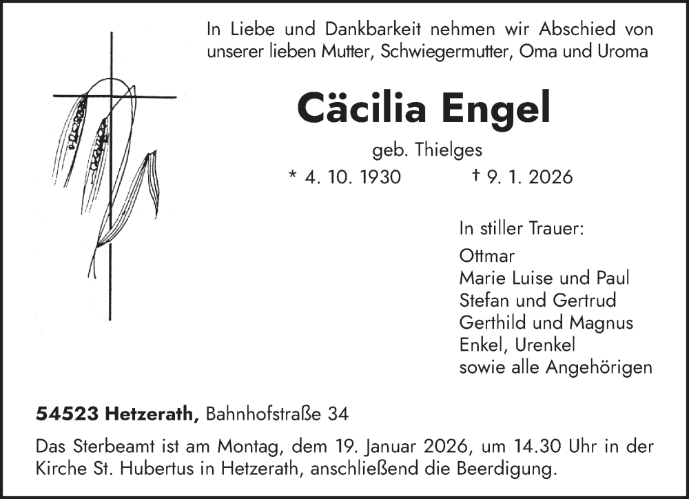  Traueranzeige für Cäcilia Engel vom 14.01.2026 aus trierischer_volksfreund