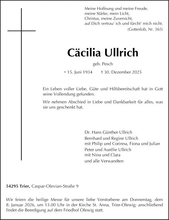 Traueranzeige von Cäcilia Ullrich von trierischer_volksfreund